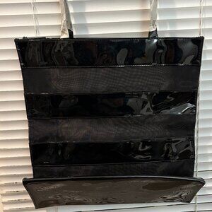 Elizabeth Arden black striped vinyl/nylon mesh tote bag